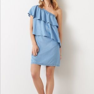 One shoulder tiered chambray dress